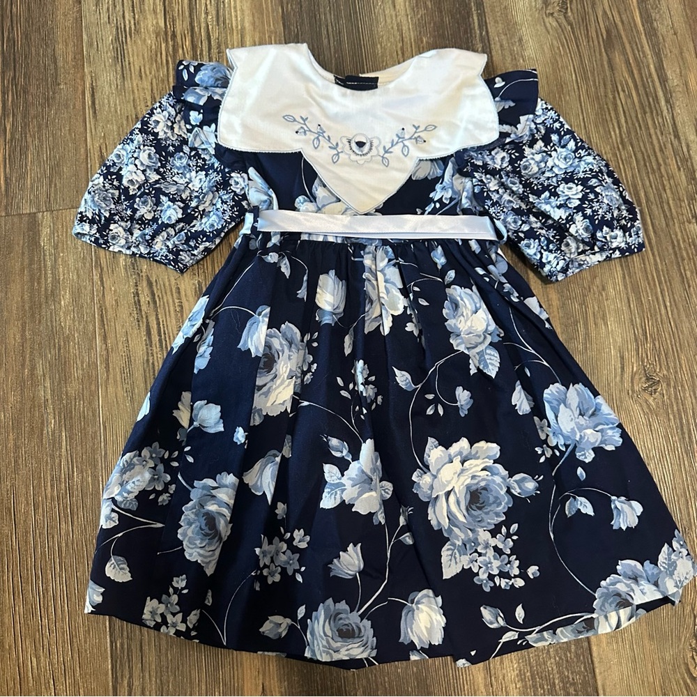 Peaches n cream VINTAGE toddler girl dress 3T blue floral embroidered collar
